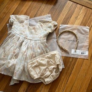 Noralee Luisa Dress pastel garden metallic + Pearl ivory headband.